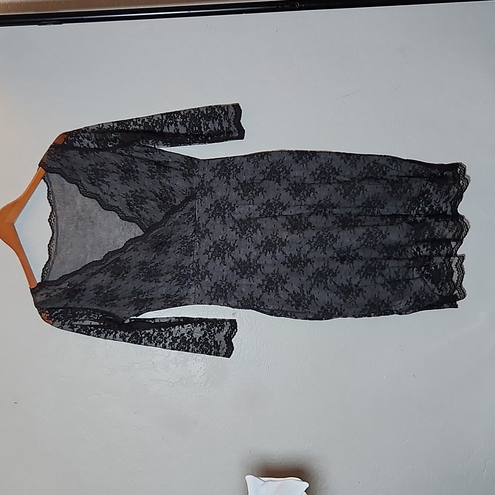 ZARA KNIT Black Lace Dress Long Sleve V Neck Knit Lined Medium Wool Blend Lining